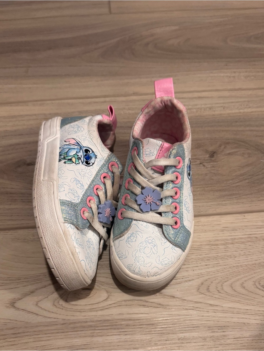 Disney White, Pink & Blue Kids' Stitch Sneakers with Flower Charm
